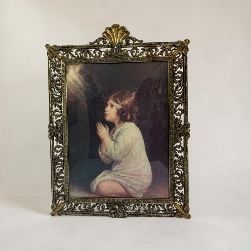 Vintage Italian Gold Filigree Frame The Infant Samuel Praying Curved Glass 16x22